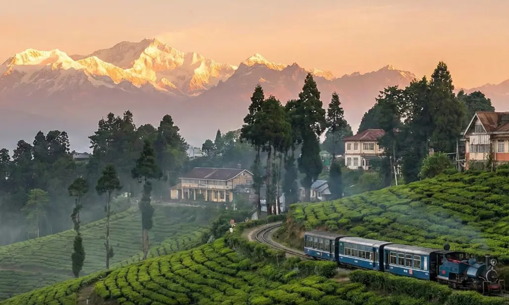 Darjeeling hill town with colonial architecture and tea garden views