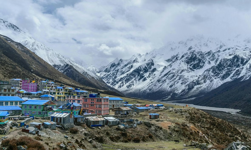 Lachung traditional Lepcha village surrounded by mountain valleys in North Sikkim
